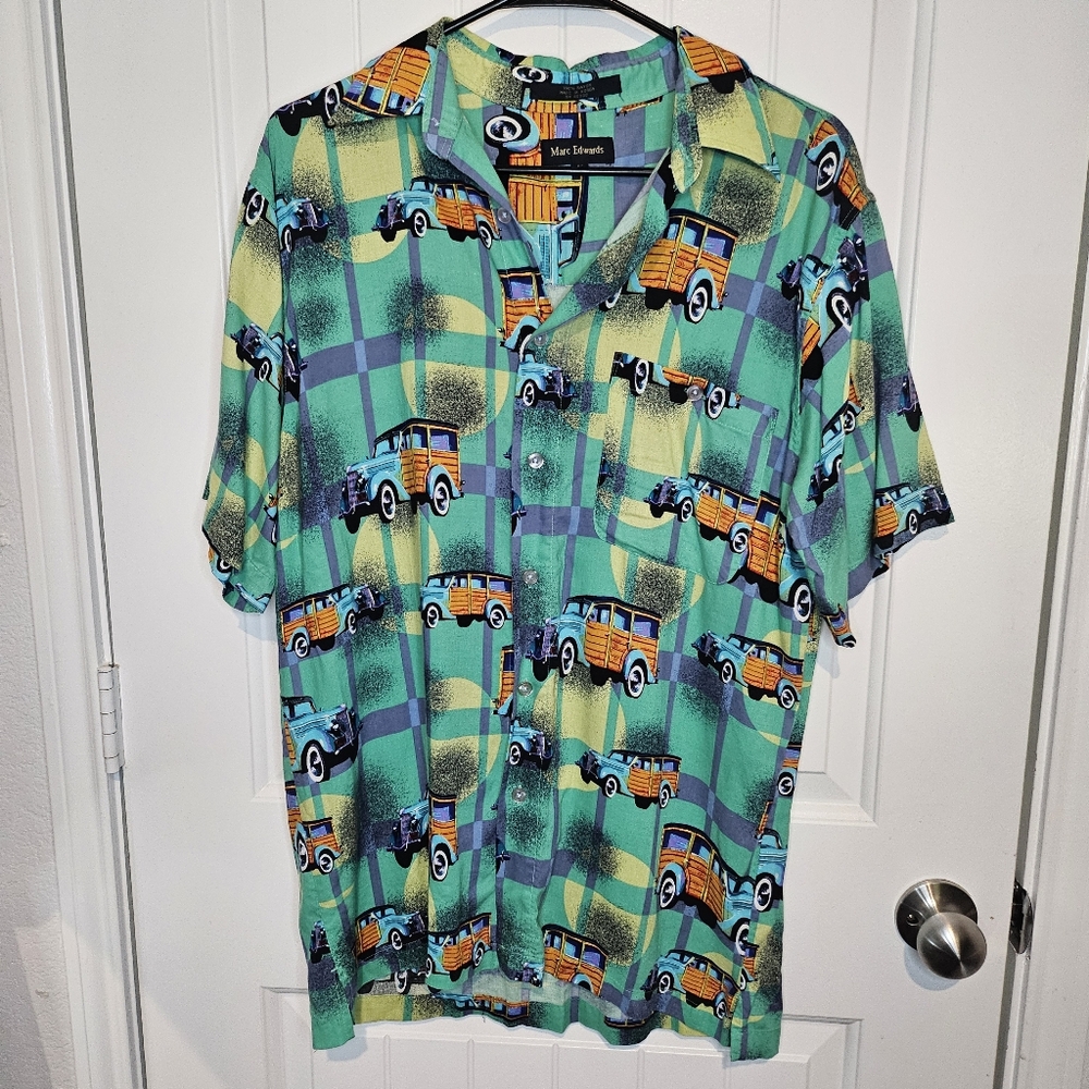 Marc Edwards Vintage Hawaiian Shirt, Woody Wagon Print, Short Sleeve, Men's M